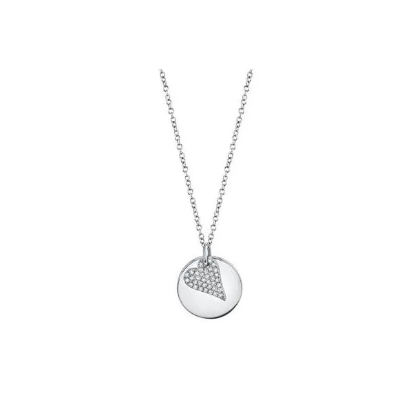 14Kt White Gold Diamond Pave Heart And Engraveable Disc Necklace Venus Jewelers Somerset, NJ