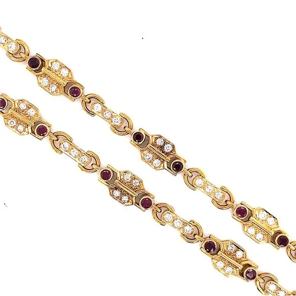 18k Yellow Gold Diamond and Ruby Fancy Link Necklace Image 3 Venus Jewelers Somerset, NJ
