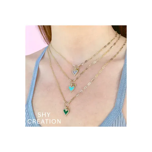14kt Yellow Gold Diamond & Turquoise Heart Paper Clip Link Necklace Image 2 Venus Jewelers Somerset, NJ