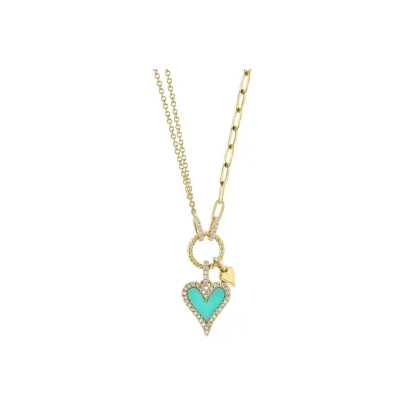 14kt Yellow Gold Diamond & Turquoise Heart Paper Clip Link Necklace Venus Jewelers Somerset, NJ
