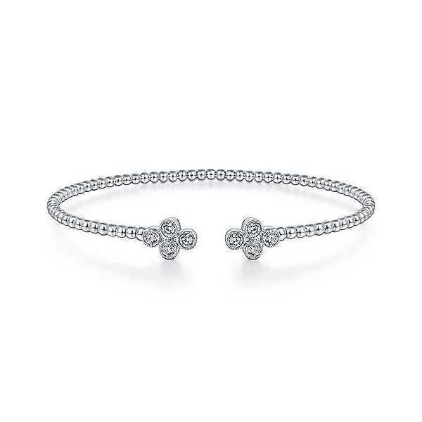 14K White Gold Bujukan Bead Split Cuff Bracelet with Quatrefoil Diamond Endcaps Venus Jewelers Somerset, NJ