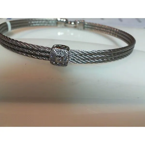 Grey Cable Classic Stackable Bracelet with Single Square Station set in 18kt White Gold Image 2 Venus Jewelers Somerset, NJ