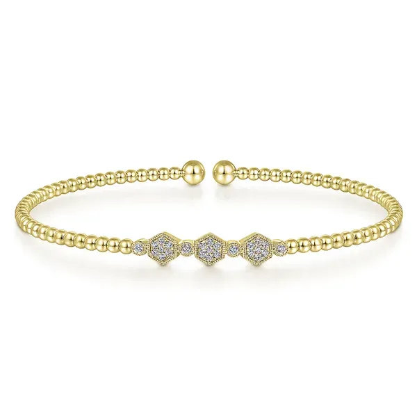 Lady's Yellow 14 Karat Bajukan Bead Cuff Bracelet With Cluster Diamond Hexagon Stations Venus Jewelers Somerset, NJ