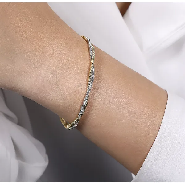 14K Yellow Gold Solid Twisted Rope and Diamond Bangle Image 3 Venus Jewelers Somerset, NJ
