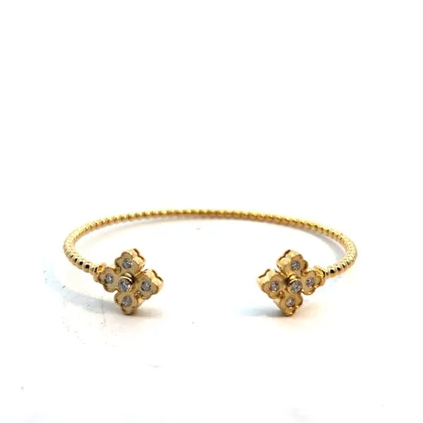 Lady's 14K Yellow Gold Polished & Satin Clover Bangle Bracelet with Round Diamonds Venus Jewelers Somerset, NJ