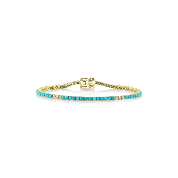 14K Yellow Gold Diamond & Turquoise Tennis Bracelet – 0.39ctw Diamonds, 2.88ctw Turquoise, 7