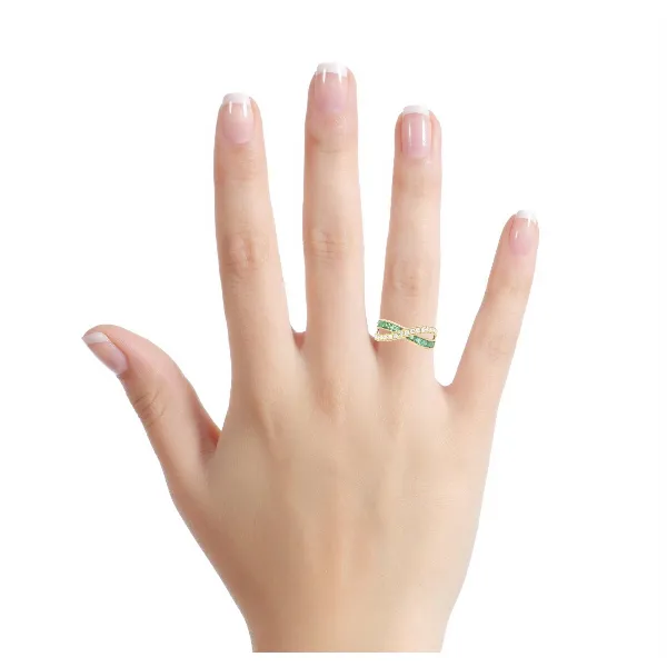 Yellow 14K Criss Cross Ring with Diamonds & Emeralds – Size 6 Image 2 Venus Jewelers Somerset, NJ