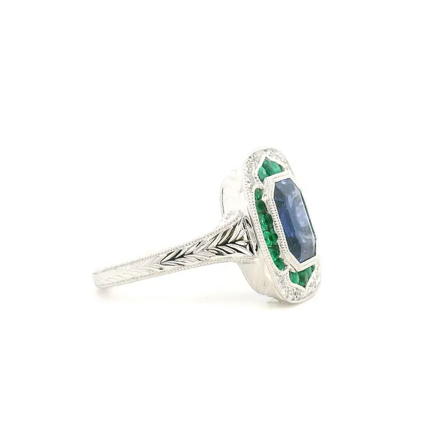 14K White Gold Sapphire, Emerald & Diamond Halo Ring – Cushion-Cut Center – Size 6.5 Image 2 Venus Jewelers Somerset, NJ