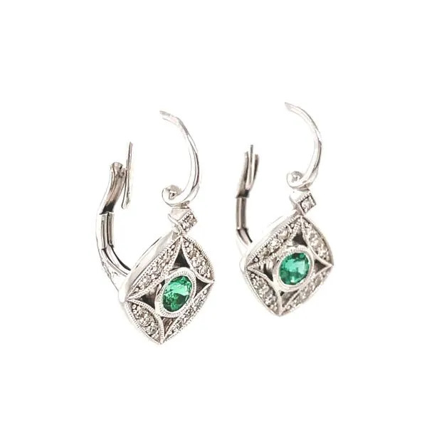 Emerald and Diamond Vintage Inspired Drop Earring Image 2 Venus Jewelers Somerset, NJ