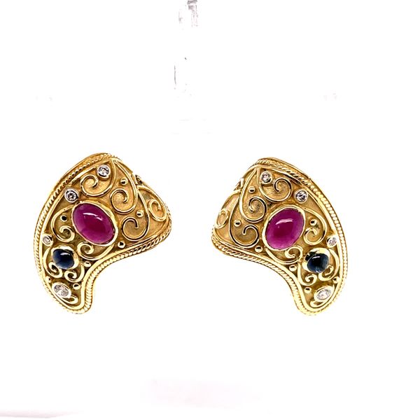 18kt Yellow Gold Etruscan Style Ear Clips With Diamonds, Sapphires, and Rubies Venus Jewelers Somerset, NJ