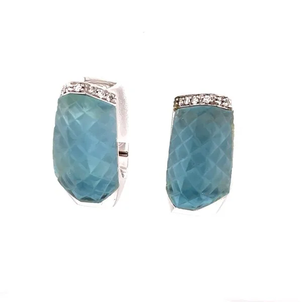 18kt White Gold Diamond and Aquamarine Huggie Earrings Image 2 Venus Jewelers Somerset, NJ