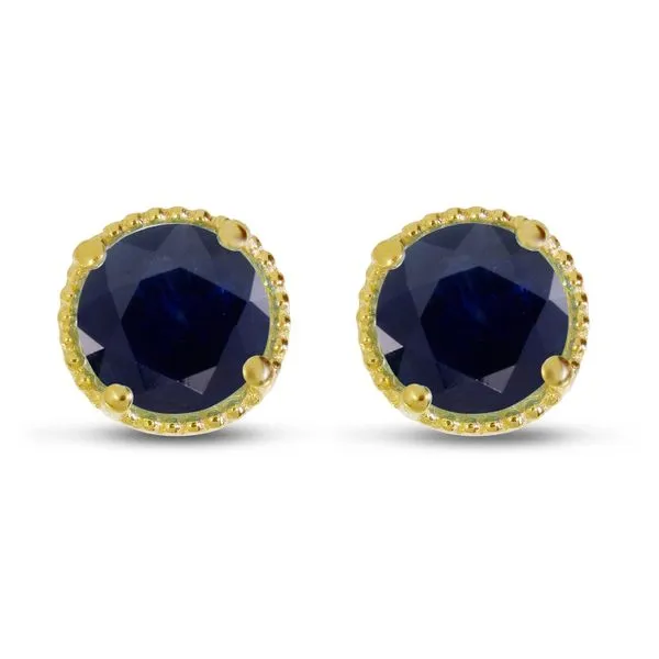 14kt Yellow Gold 5mm Round Blue Sapphire Millgrain Halo Earrings Venus Jewelers Somerset, NJ