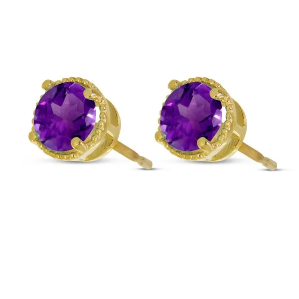 14kt Yellow Gold 5mm Round Amethyst Millgrain Halo Earrings Image 2 Venus Jewelers Somerset, NJ