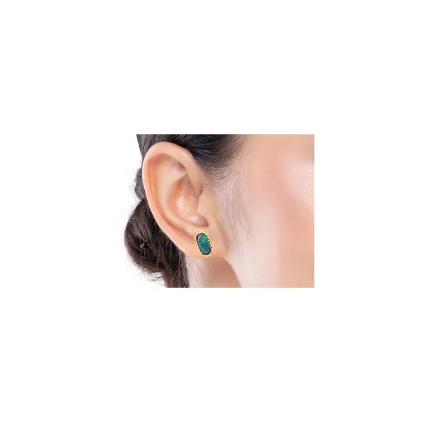 14K Yellow Gold Australian Oval Opal Doublet Earrings Image 2 Venus Jewelers Somerset, NJ