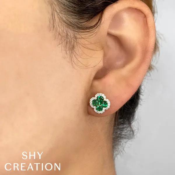 Lucky You! 14 Karat Yellow Gold Clover Halo Earrings With 0.33Tw Round Diamonds And 1.29Tw Round Emeralds. Image 2 Venus Jewelers Somerset, NJ