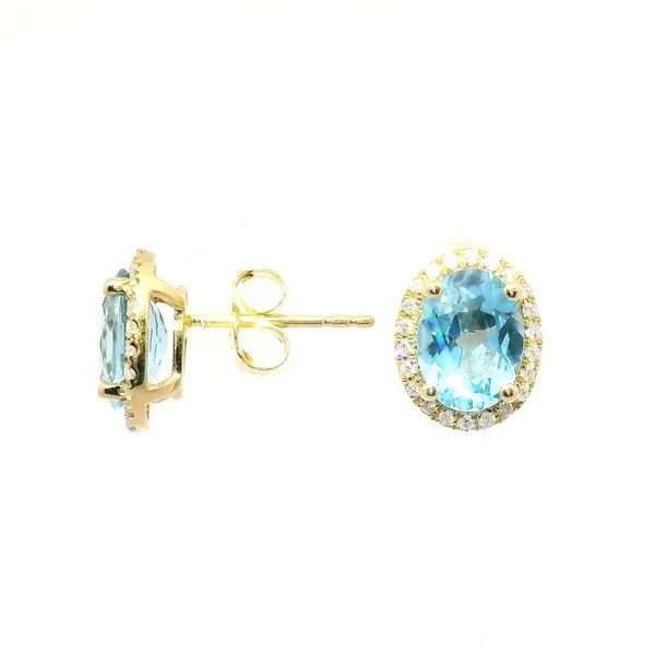 14K Yellow Gold Blue Topaz & Diamond Halo Earrings – 2.72ctw Topaz, 0.16ctw Diamonds Venus Jewelers Somerset, NJ