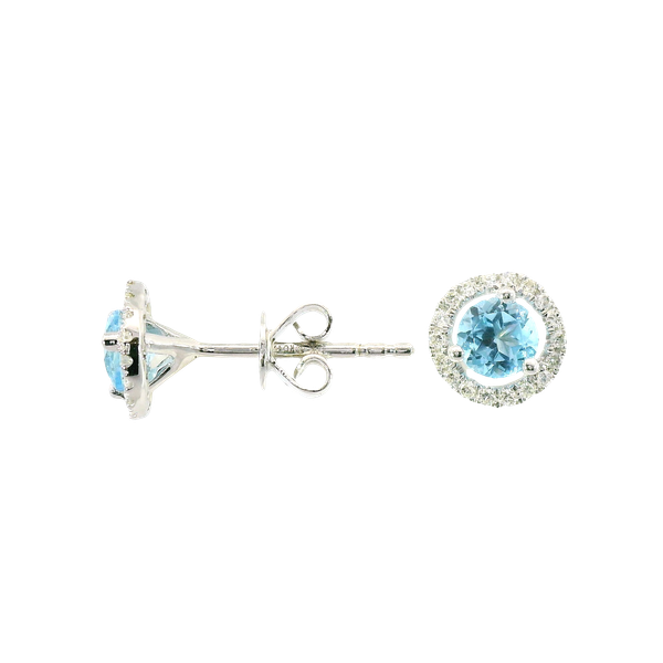 14K White Gold Blue Topaz & Diamond Halo Stud Earrings – 0.85 CTW Blue Topaz & 0.14 CTW Diamonds Image 2 Venus Jewelers Somerset, NJ