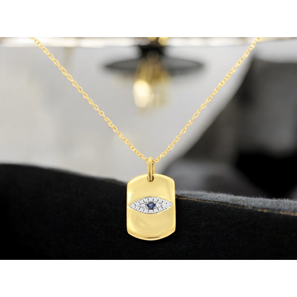 14K Yellow Gold Sapphire & Diamond Evil Eye Pendant Necklace Image 4 Venus Jewelers Somerset, NJ