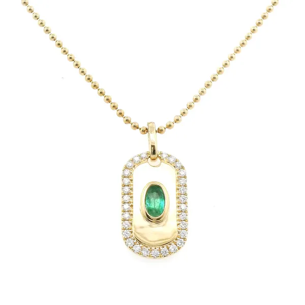 Lady’s 14K Yellow Gold Diamond & Emerald Dog Tag Pendant – 0.19ctw Diamonds & 0.21ctw Emeralds Venus Jewelers Somerset, NJ