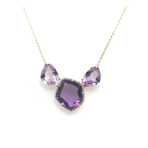 Exquisite Lady's 18 Karat Yellow Gold Three Stone Necklace Length 18 With 3 11.90Tw Various Shapes Amethysts Venus Jewelers Somerset, NJ