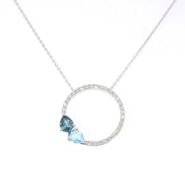 14K White Gold Diamond Circle Pendant with Blue & London Blue Topaz – 16