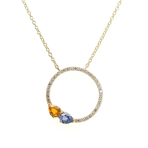 14K Yellow Gold Open Diamond Circle Necklace with Pear Sapphires – 18