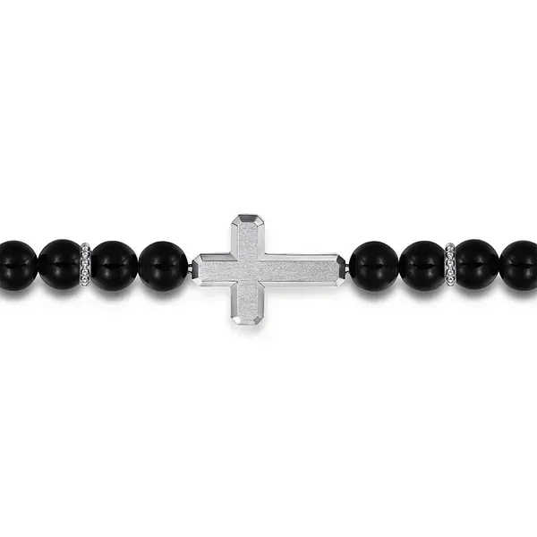 Men's Onyx Bead Cross Bracelet Image 2 Venus Jewelers Somerset, NJ