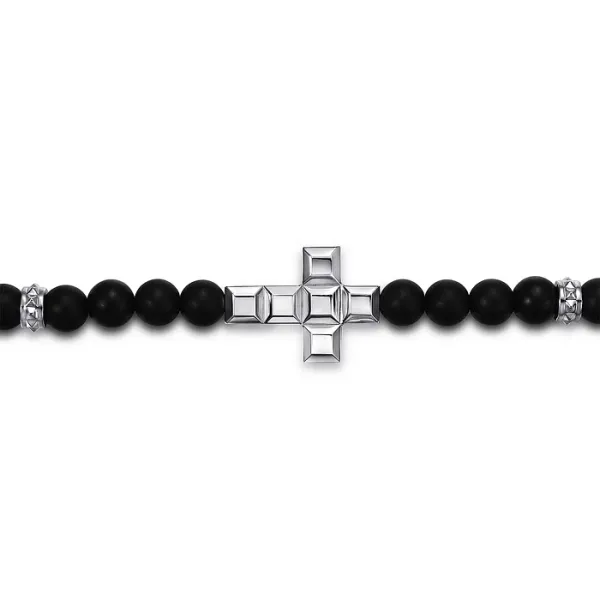 Men’s Matte Onyx Bead Bracelet with Sterling Silver Square Cross – 8” Image 2 Venus Jewelers Somerset, NJ