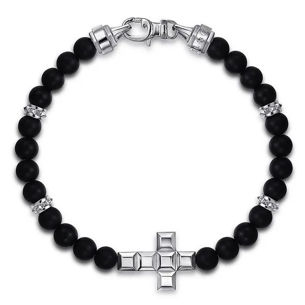 Men’s Matte Onyx Bead Bracelet with Sterling Silver Square Cross – 8” Venus Jewelers Somerset, NJ