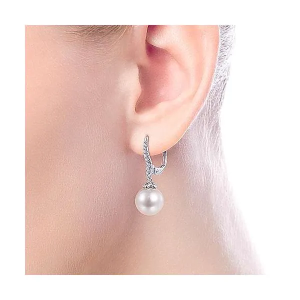 14Kt White Gold Pearl and Diamond Leverback Earrings Image 2 Venus Jewelers Somerset, NJ