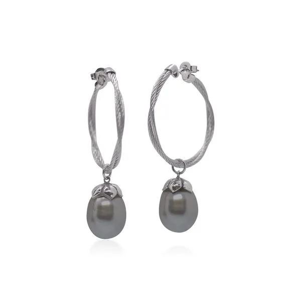 Grey Twisted Cable Hoop with Black South Sea Pearls Venus Jewelers Somerset, NJ
