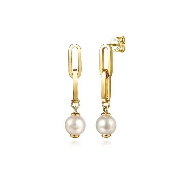 14K Yellow Gold Link Drop Pearl Stud Earrings Venus Jewelers Somerset, NJ