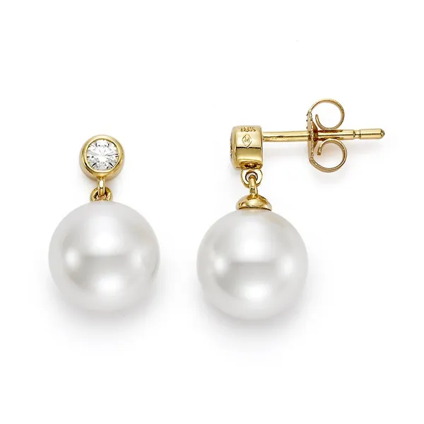 14K Yellow Gold Pearl & Diamond Earrings – 9.5–10mm Freshwater Pearls, 0.20ctw Diamonds Image 2 Venus Jewelers Somerset, NJ