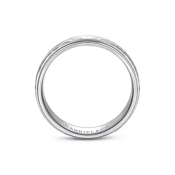 14K White Gold 6mm - Hammered Center and Polished Edge Mens Wedding Band Image 2 Venus Jewelers Somerset, NJ