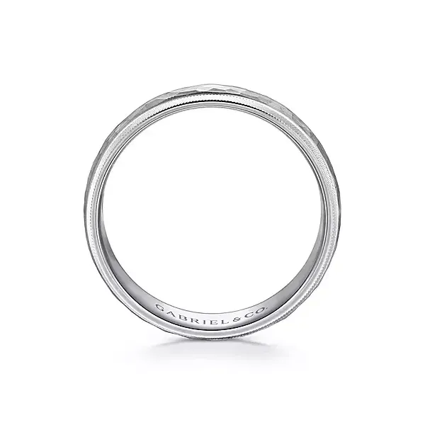 14K White Gold 6mm - Hammered Center and Diamond Cut Edge Mens Wedding Band Image 2 Venus Jewelers Somerset, NJ