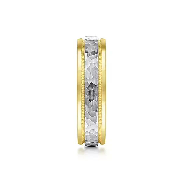 Men's 14kt White and Yellow Gold Hammered Center Milgrain Channel Mens Wedding Band | 6mm Image 2 Venus Jewelers Somerset, NJ