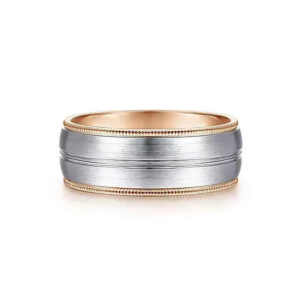 Men's 14kt Rose and White Gold Satin Channel Rope Edge Wedding Band | 8mm Venus Jewelers Somerset, NJ