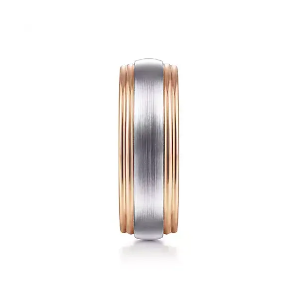 Men's 14kt Rose and White Gold Sandblast Channel Edge Wedding Band | 8mm Image 2 Venus Jewelers Somerset, NJ