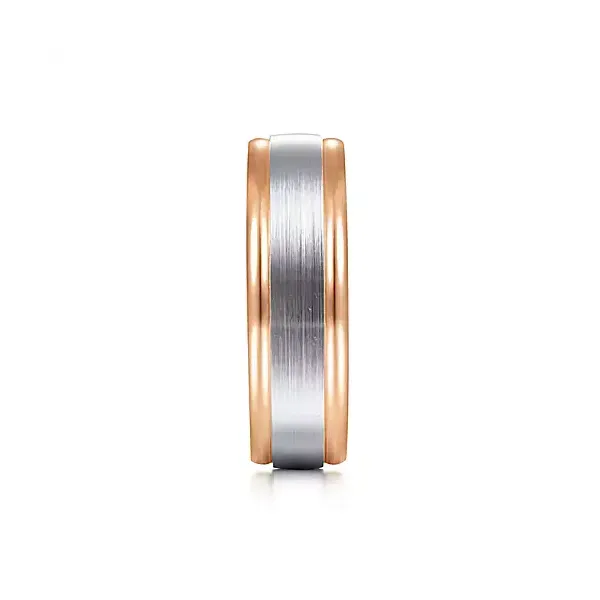 Men's 14kt Rose and White Gold Satin Finish Center and Polished Edge Wedding Band | 7mm Image 2 Venus Jewelers Somerset, NJ