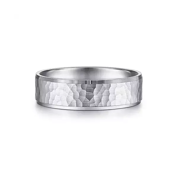14K White Gold 6mm - Hammered Center and Polished Edge Mens Wedding Band Venus Jewelers Somerset, NJ