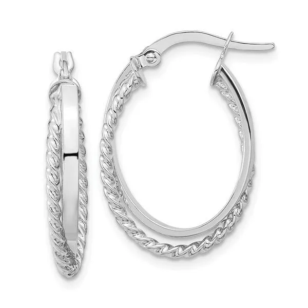 14kt White Gold Polished and Textured Oval Hinged Hoop Earrings Venus Jewelers Somerset, NJ