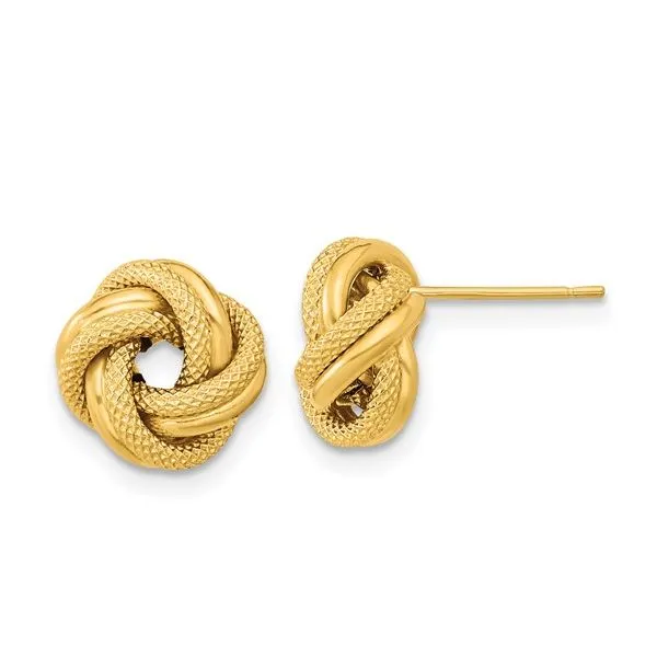 14kt Yellow Gold Polished Textured Double Love Knot Post Earrings Venus Jewelers Somerset, NJ