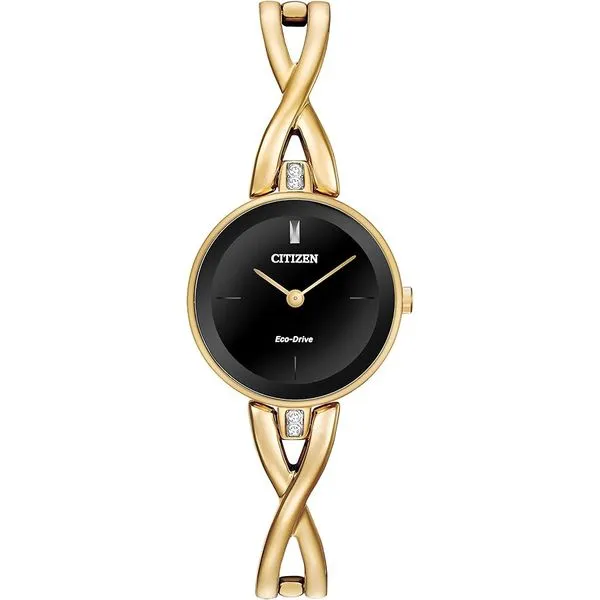 Citizen Axiom Silhouette Bangle – Black Dial, Yellow Stainless Steel, Eco-Drive Venus Jewelers Somerset, NJ