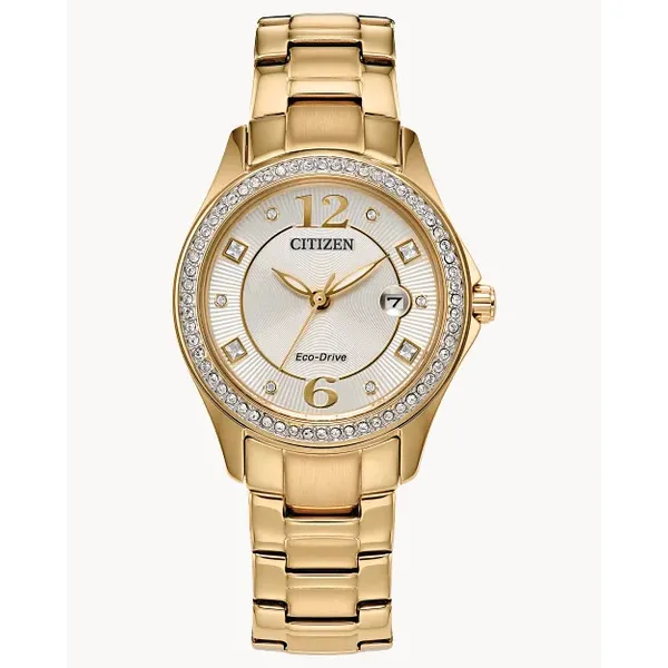 Citizen Ladies Gold-Tone Stainless Steel Dress Watch with Crystal Bezel Venus Jewelers Somerset, NJ