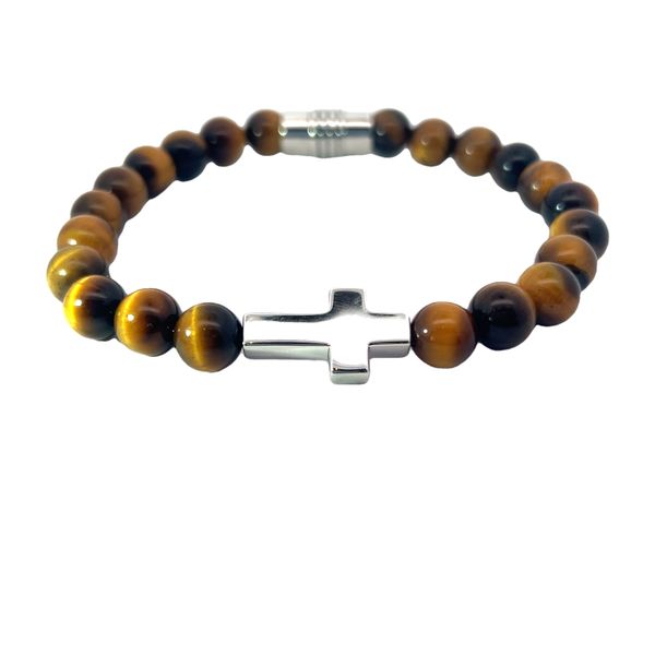 Men’s Sterling Silver & Tiger Eye Bead Bracelet with Cross Accent Venus Jewelers Somerset, NJ