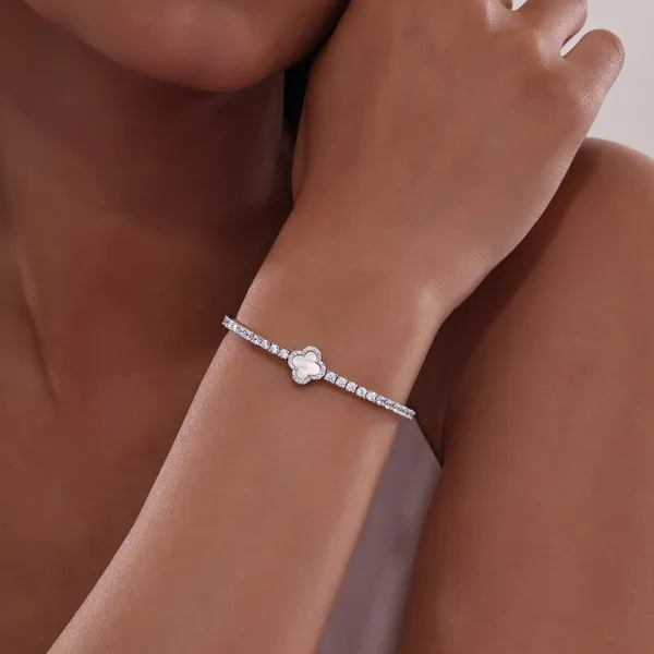 White Sterling Silver quatrefoil Freshwater Mother Of Pearl Flex Tennis Bracelet Length 6.8 With 92 2.40Tw Round Cubic Zirconiums Image 2 Venus Jewelers Somerset, NJ