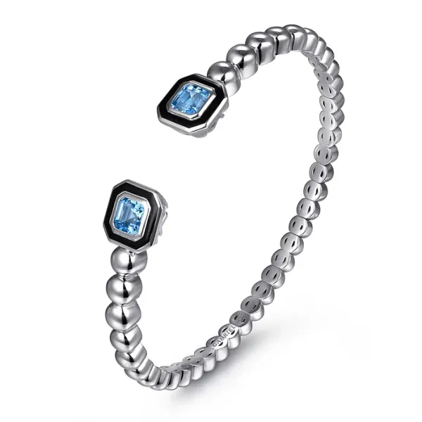 Sterling Silver Blue Topaz & Black Enamel Bangle Bracelet – 1.55 CTW, 6.25” Image 2 Venus Jewelers Somerset, NJ