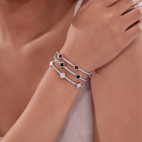 Sterling Silver Bracelet with Black Onyx & CZ Quatrefoils – Three-Stone Design Image 3 Venus Jewelers Somerset, NJ