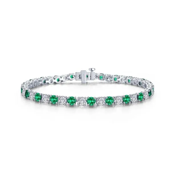 Sterling Silver Tennis Bracelet with 54 Round Cubic Zirconia and Simulated Emerald – 7.25