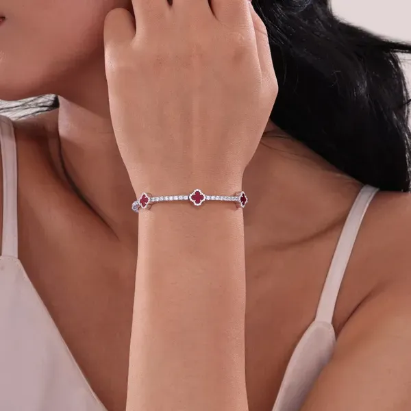 Sterling Silver Flexible Bangle with Red Agate & Simulated Diamond Stations – 6.8” Image 2 Venus Jewelers Somerset, NJ